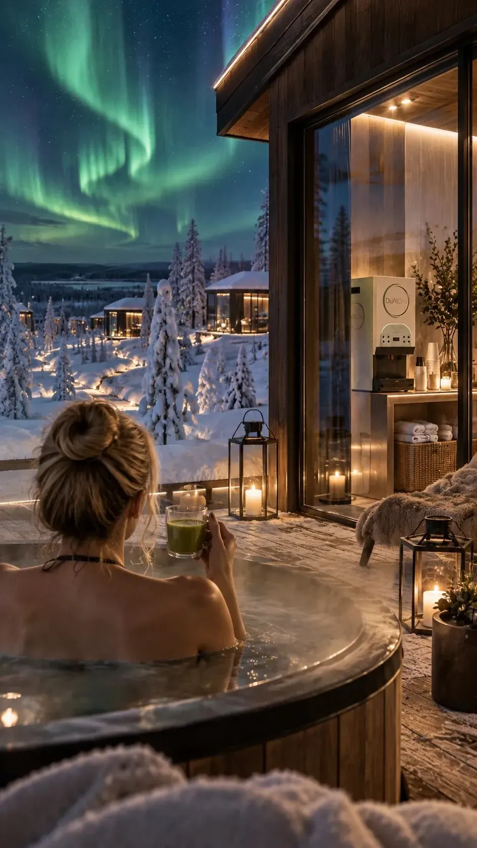 Visualisation: DualCha machine at a spa hotel with a hot tub under the northern lights